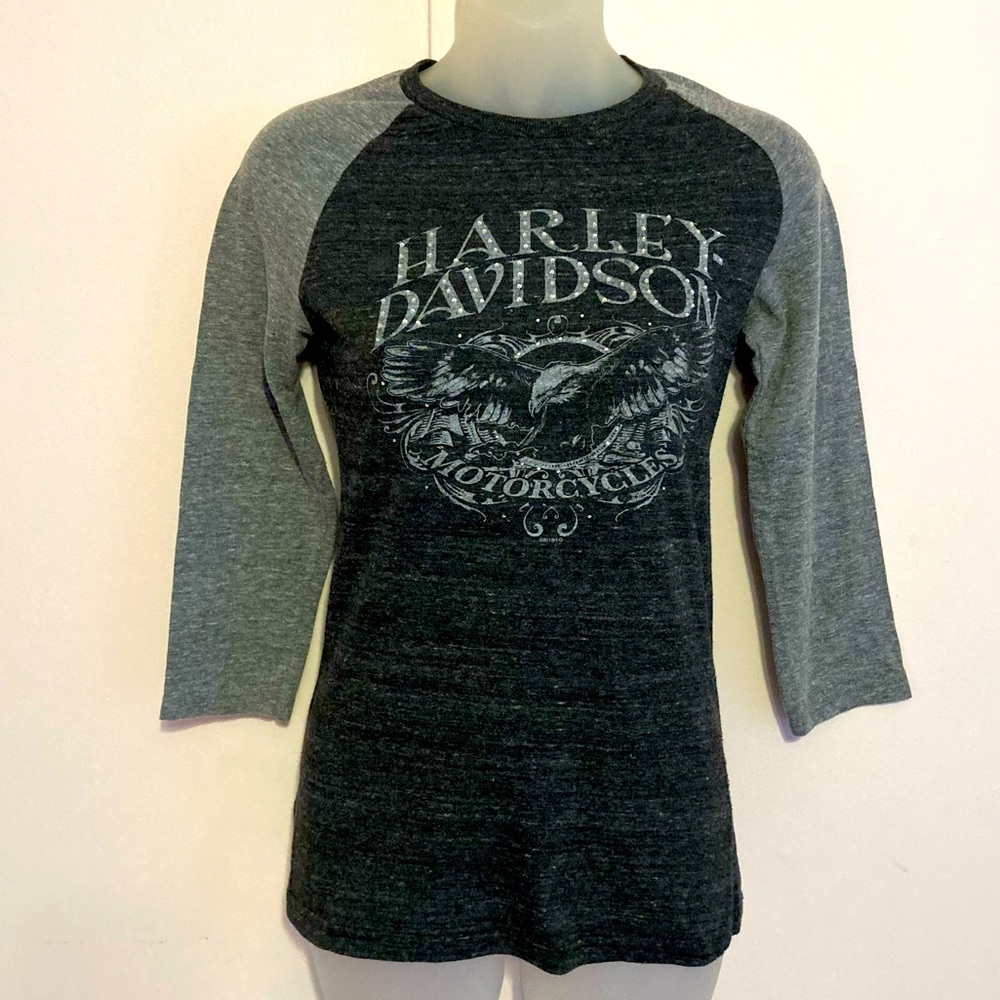 Harley Davidson Gray & Black 3/4 Sleeve top, S
